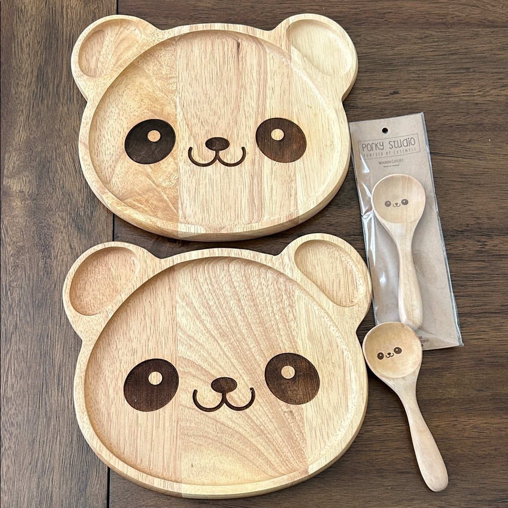 Porky Studio Children’s Cute Wooden Panda Bear plates and spoon set